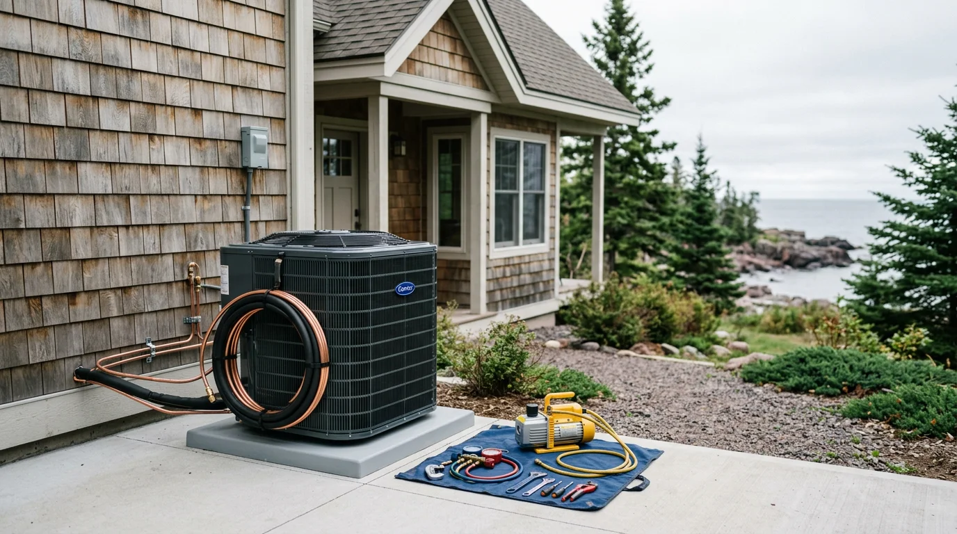 Central air conditioning unit installed outside a residential home in Minnesota