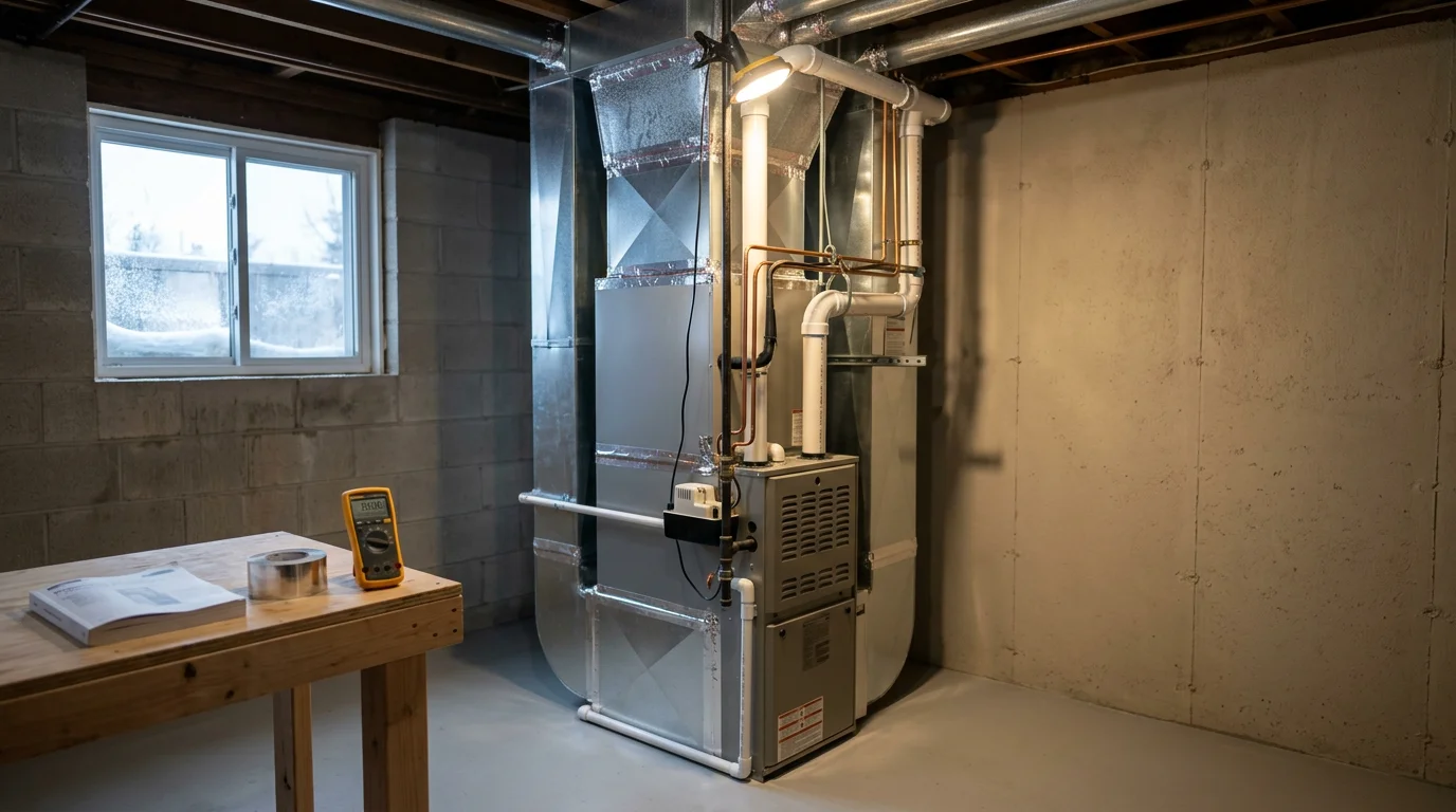 HVAC technician servicing a residential furnace in Two Harbors, Minnesota
