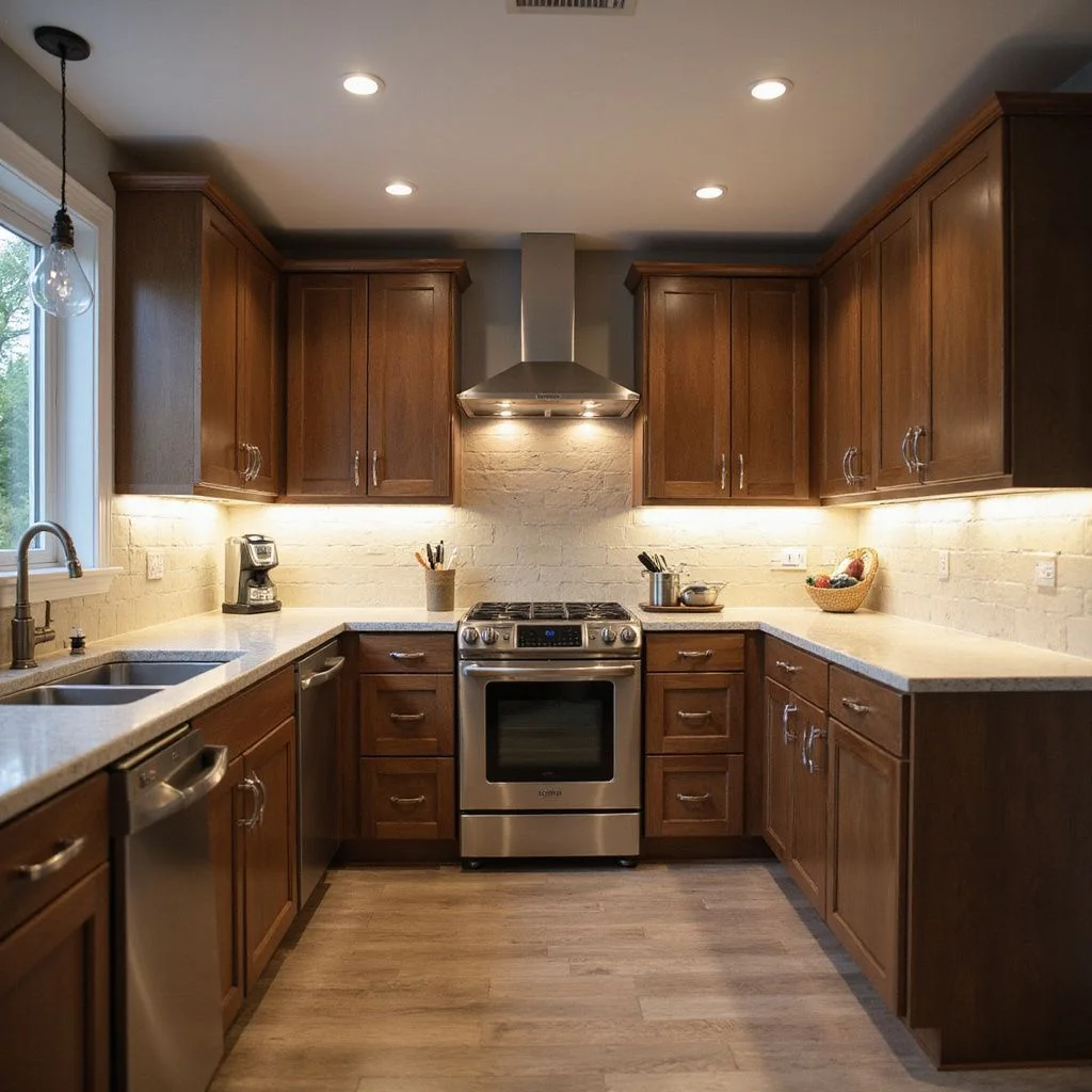 Kitchen with wood cabinetry, recessed lighting, stainless steel range hood, and integrated HVAC ductwork