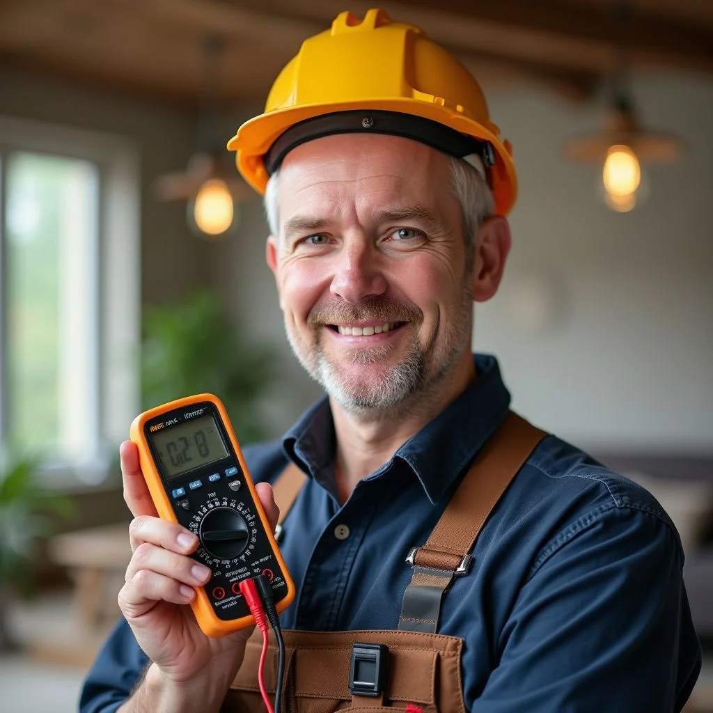 HVAC technician with multimeter performing electrical diagnostics on heating and cooling system