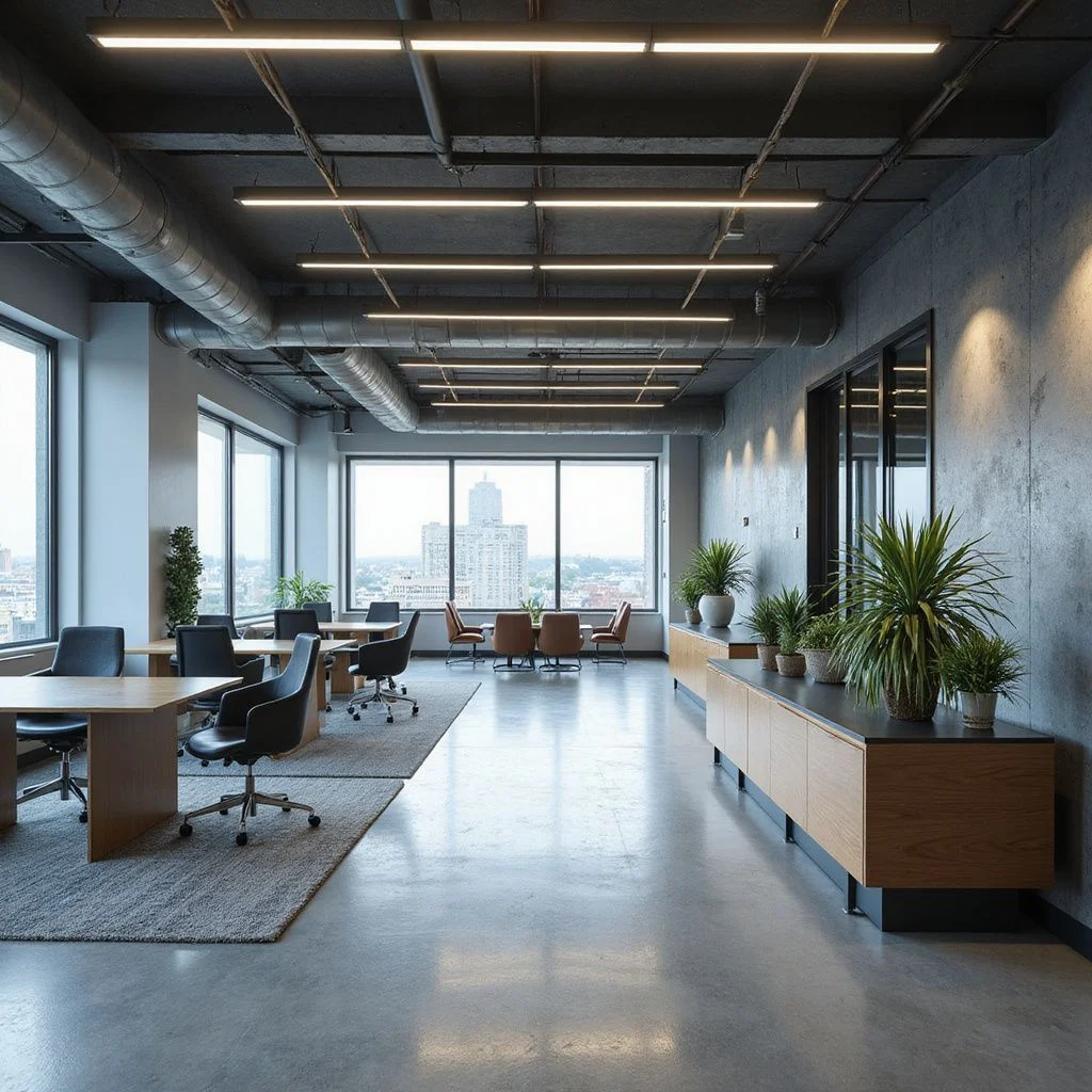 Industrial office ceiling with integrated HVAC ductwork, linear LED lighting, and exposed metal piping