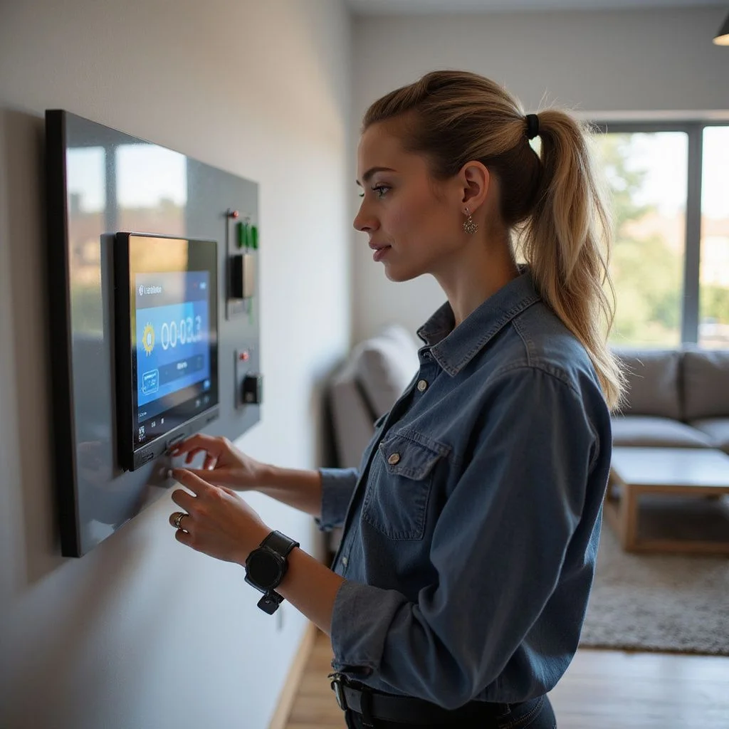 Smart thermostat with touchscreen display mounted on white wall in residential interior