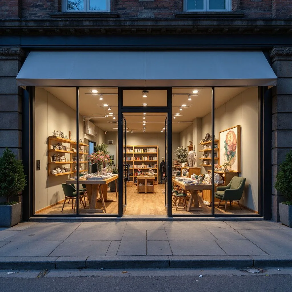 Retail storefront with recessed HVAC vents and ceiling-mounted climate control system