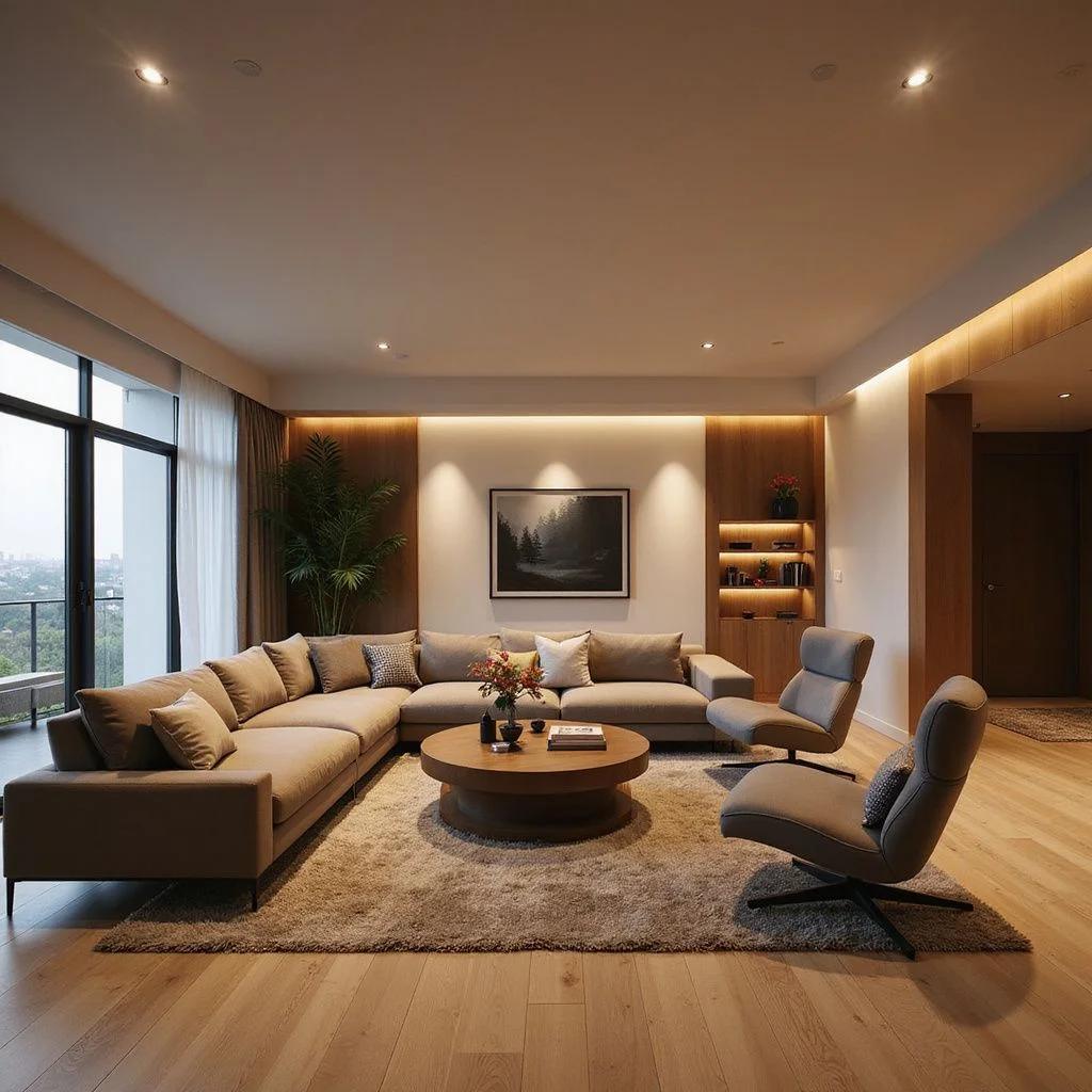 Recessed ceiling HVAC units in modern living room with wood accents and neutral furnishings