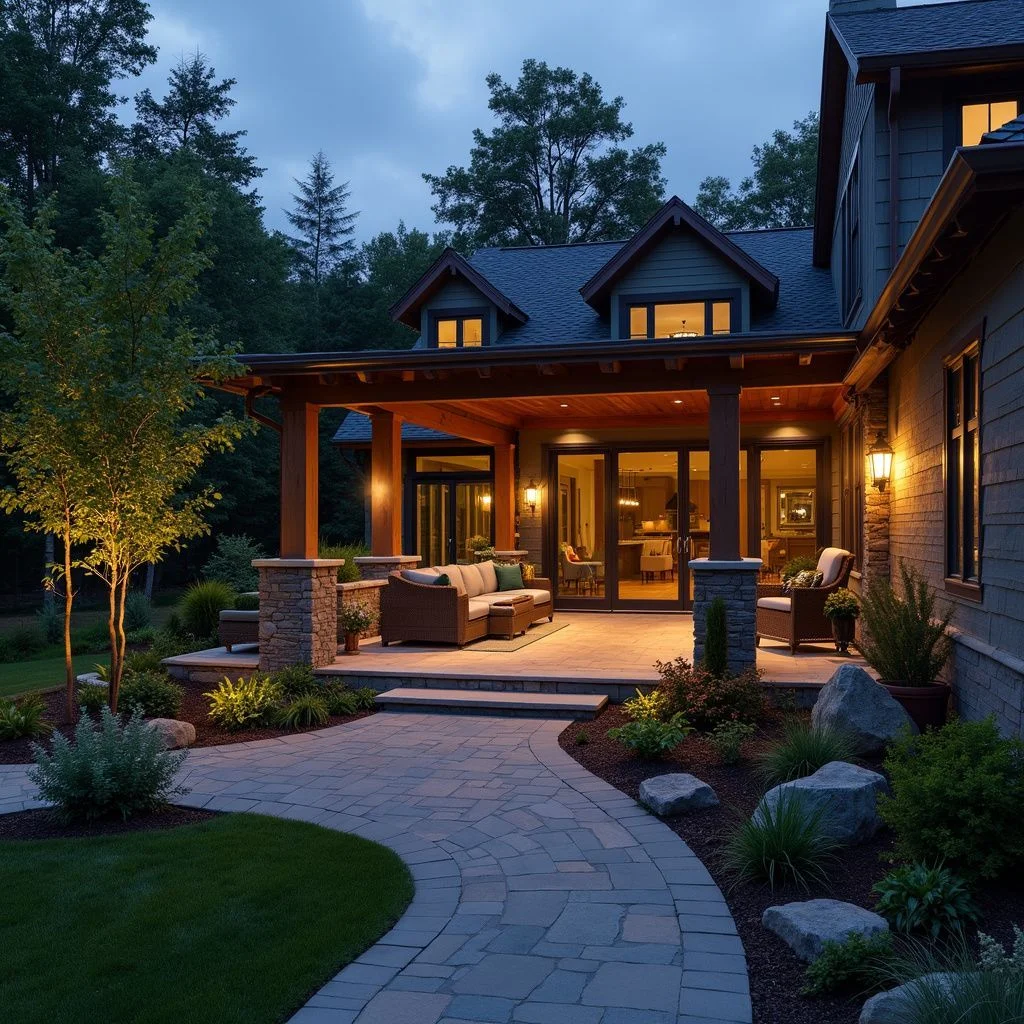 Modern home exterior with stone patio, wood pergola, and integrated HVAC system