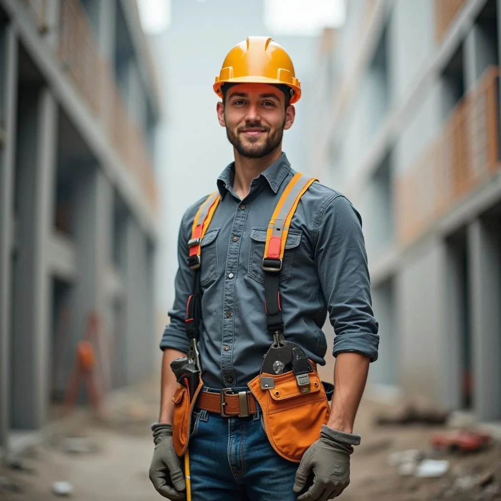 HVAC technician in safety gear with tool belt on construction site