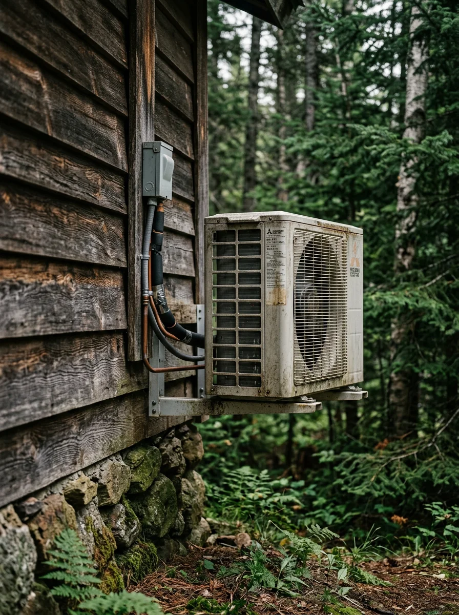 A mini split outdoor condenser unit installed on the exterior of an owner-built cabin in Finland, MN, with a large wooded lot and no neighboring structures visible.