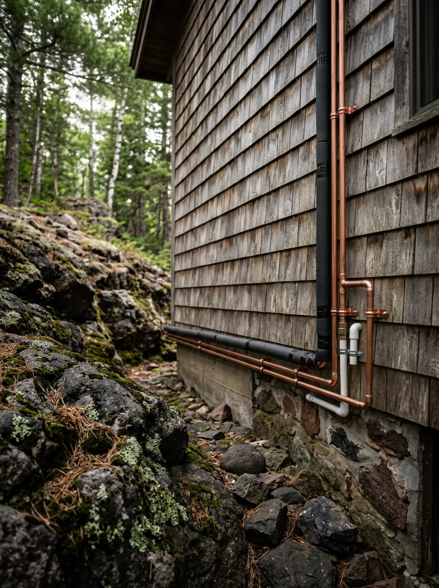 An HVAC technician routing refrigerant lines along the exterior of a Grand Marais home built on a rocky North Shore hillside near the Sawtooth Bluff.