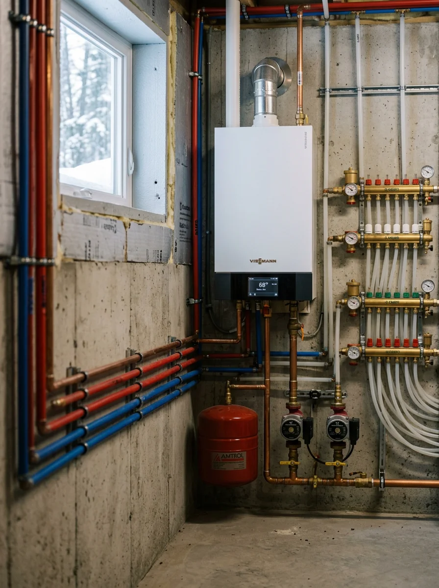 A boiler mechanical room inside a Grand Portage home near the Canadian border, showing hydronic piping and radiant heating components in a property built for extreme northern Minnesota winters.