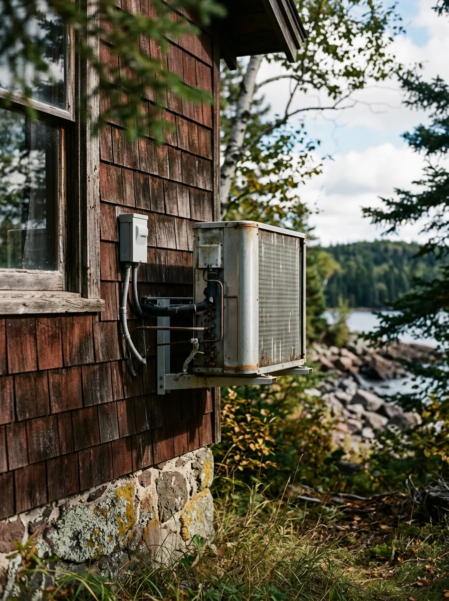 A mini split outdoor condenser unit mounted on the exterior of a seasonal cottage near Castle Danger, MN, with Lake Superior shoreline rocks and birch trees visible nearby.