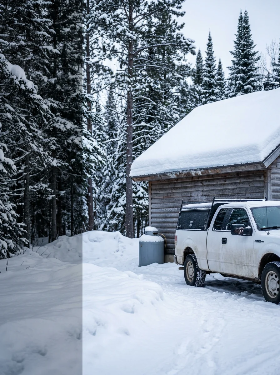 An HVAC technician servicing a propane furnace in a Lutsen cabin on a large wooded parcel, with deep snow on the ground and boreal forest surrounding the property.