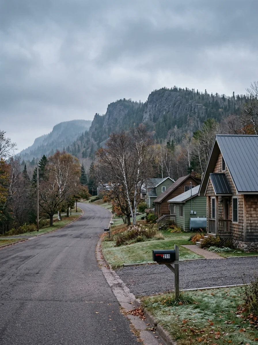 Exterior view of a Silver Bay residential street with Sawtooth Mountain terrain visible in the background, showing the hillside exposure that affects home heating loads.