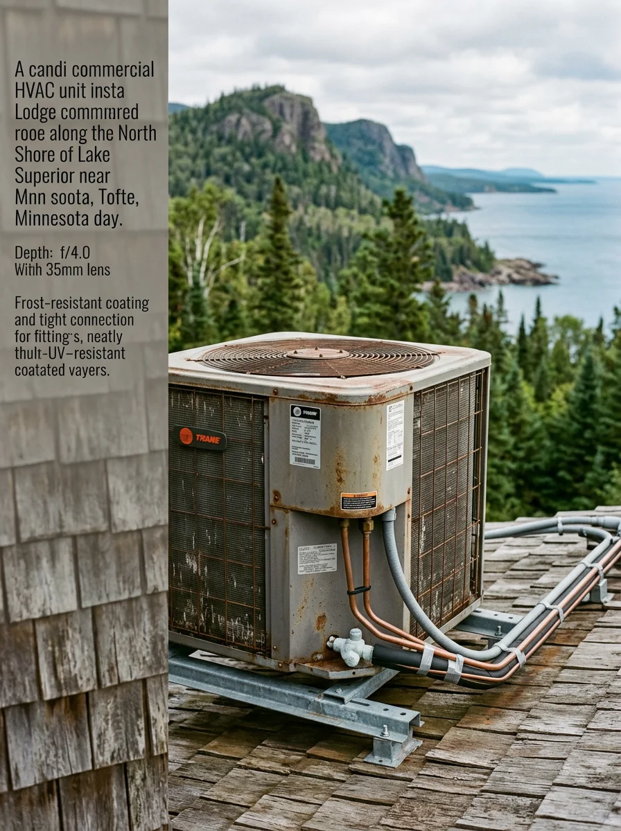 An HVAC technician inspecting a commercial rooftop unit at a North Shore lodge near Tofte, with Lake Superior visible in the distance below the Sawtooth ridgeline.