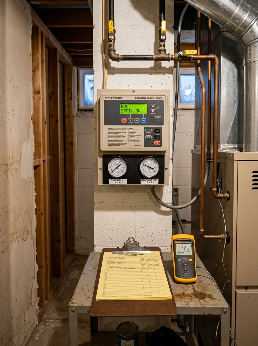 Close-up of a gas furnace control panel being inspected inside a Two Harbors residential home during a North Shore winter maintenance visit.