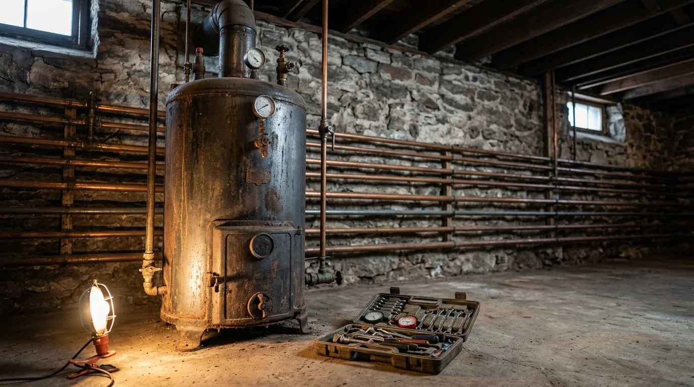 A technician servicing a cast-iron boiler in the basement of an older Two Harbors home near Lake Superior, with radiant baseboard heating pipes visible along the wall.