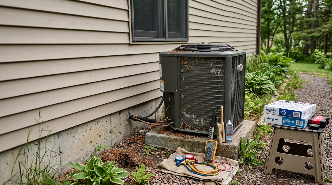 A technician inspecting and cleaning the outdoor condenser unit of a residential air conditioner at a home near Two Harbors, MN, with a wooded North Shore landscape visible in the background.