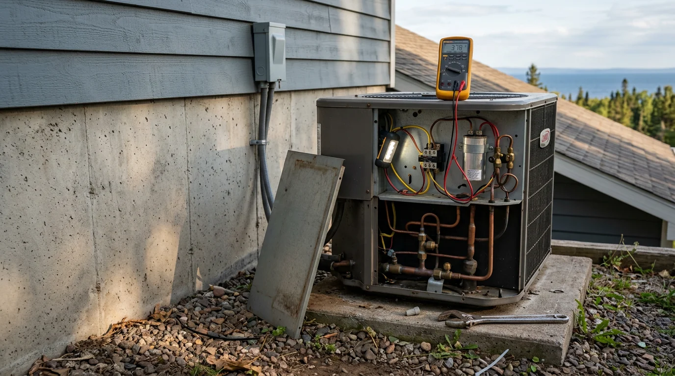 An HVAC technician inspecting the outdoor condenser unit of a residential air conditioning system in Two Harbors, MN, with a wooded North Shore landscape visible in the background. The technician is checking refrigerant lines and electrical components during an AC repair service call.