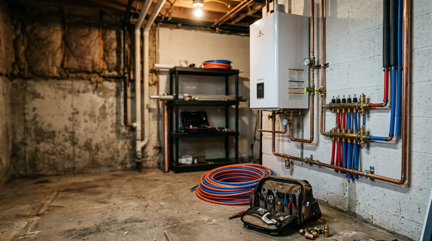 A newly installed wall-mounted boiler with copper piping connections in the basement of a North Shore Minnesota home. The unit is mounted on a finished wall with supply and return lines running to the home's baseboard heating system.