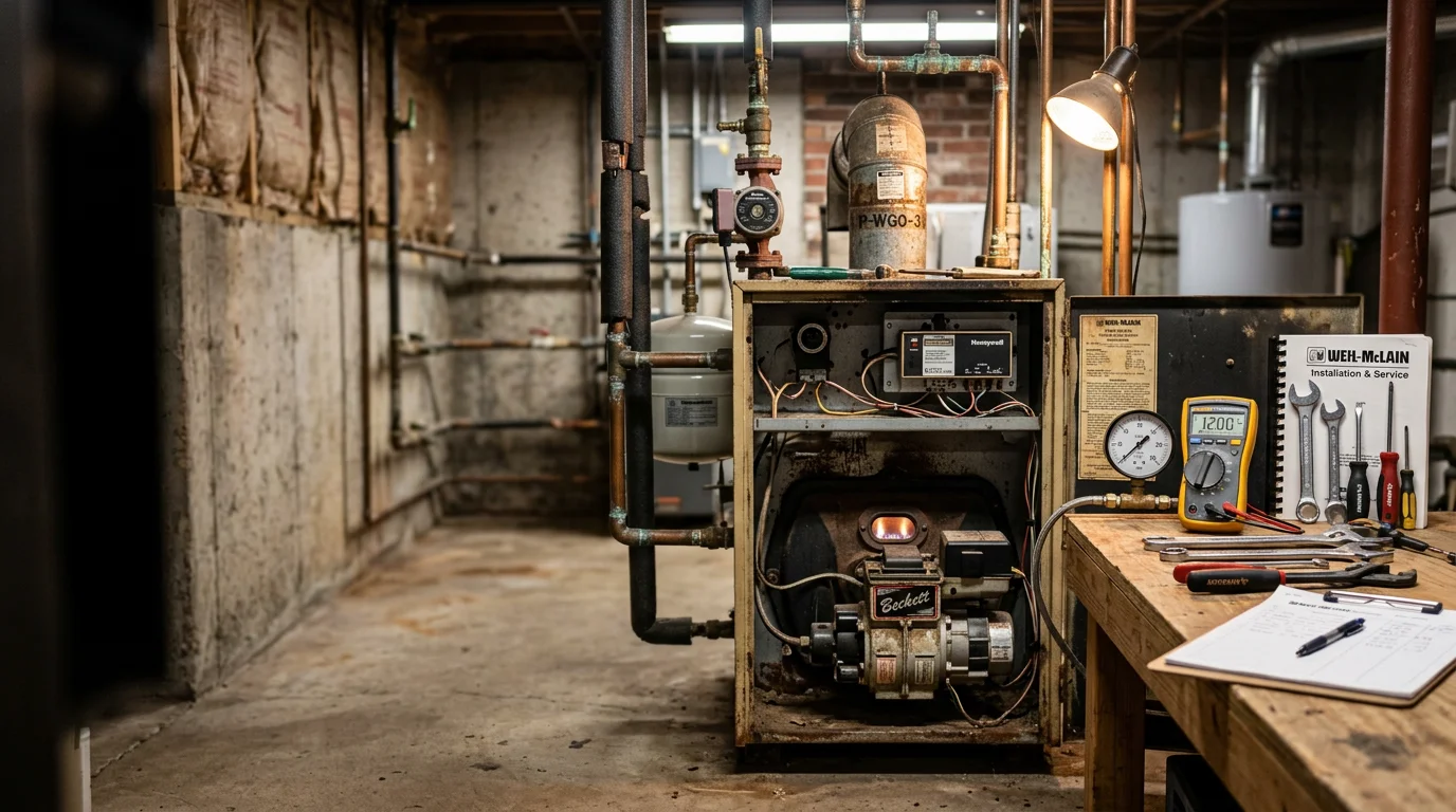 A residential boiler system mounted in a home utility room in Two Harbors, MN, with visible pipes and pressure gauges being inspected by a heating technician. The setting reflects a typical North Shore home heating setup during the winter season.