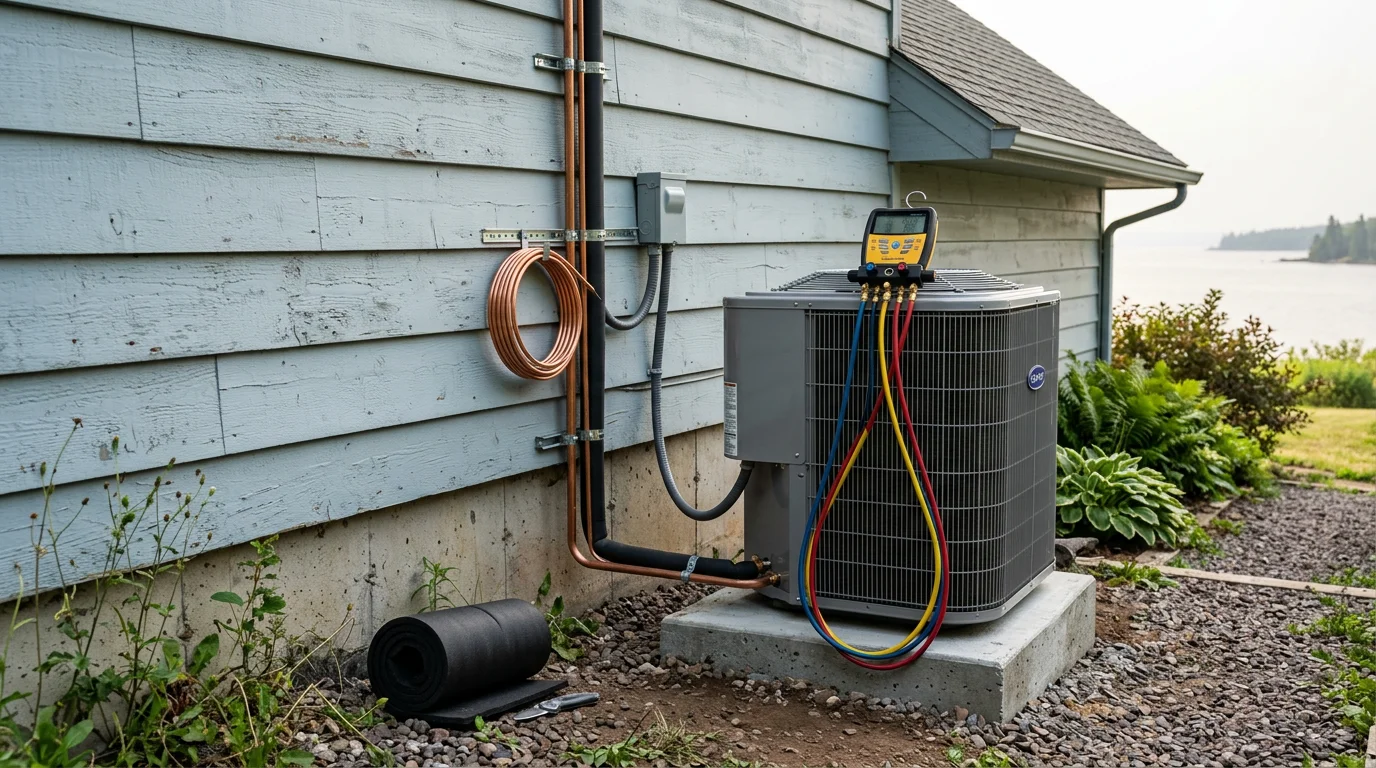 A newly installed central air conditioning condenser unit mounted on a gravel pad beside a residential home in Two Harbors, MN, with Lake Superior visible in the background through a tree line. An HVAC technician from Quail Heating and Air checks the unit connections during the final installation inspection.