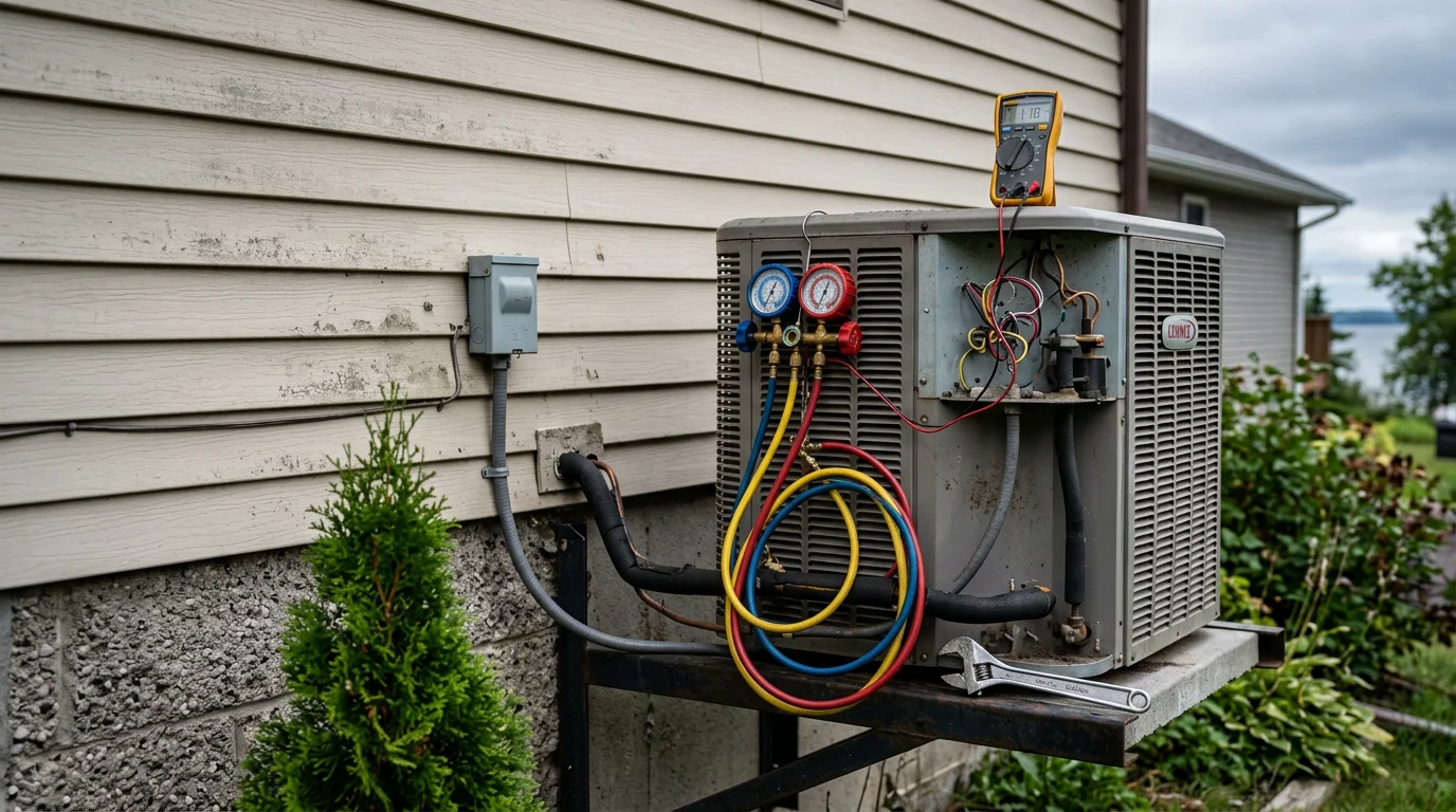 A technician inspecting the outdoor condenser unit of a central air conditioning system at a residential home in Two Harbors, MN. The unit sits beside the home with the North Shore landscape visible in the background.