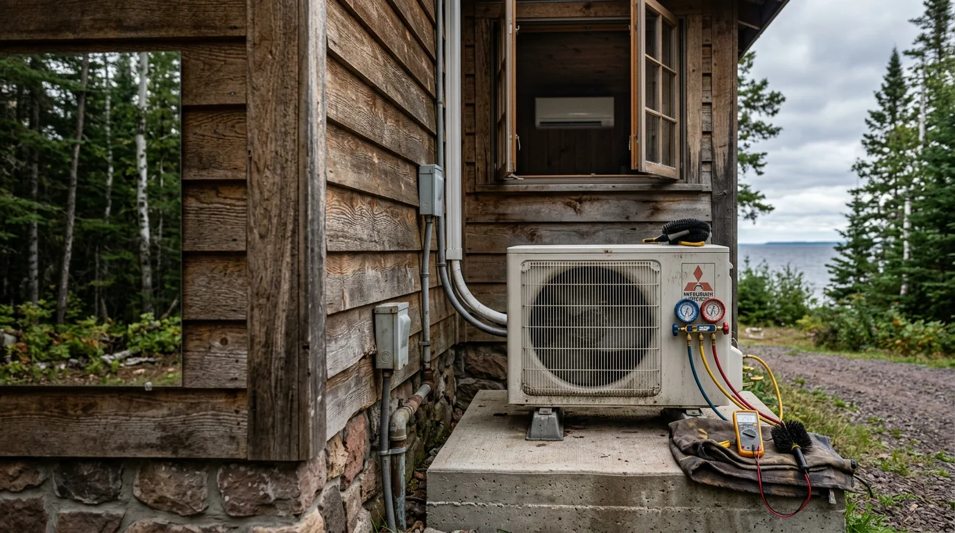 A ductless mini-split indoor air handler mounted on the wall of a North Shore cabin near Two Harbors, MN, with a technician from Quail Heating and Air inspecting the unit during a service call.