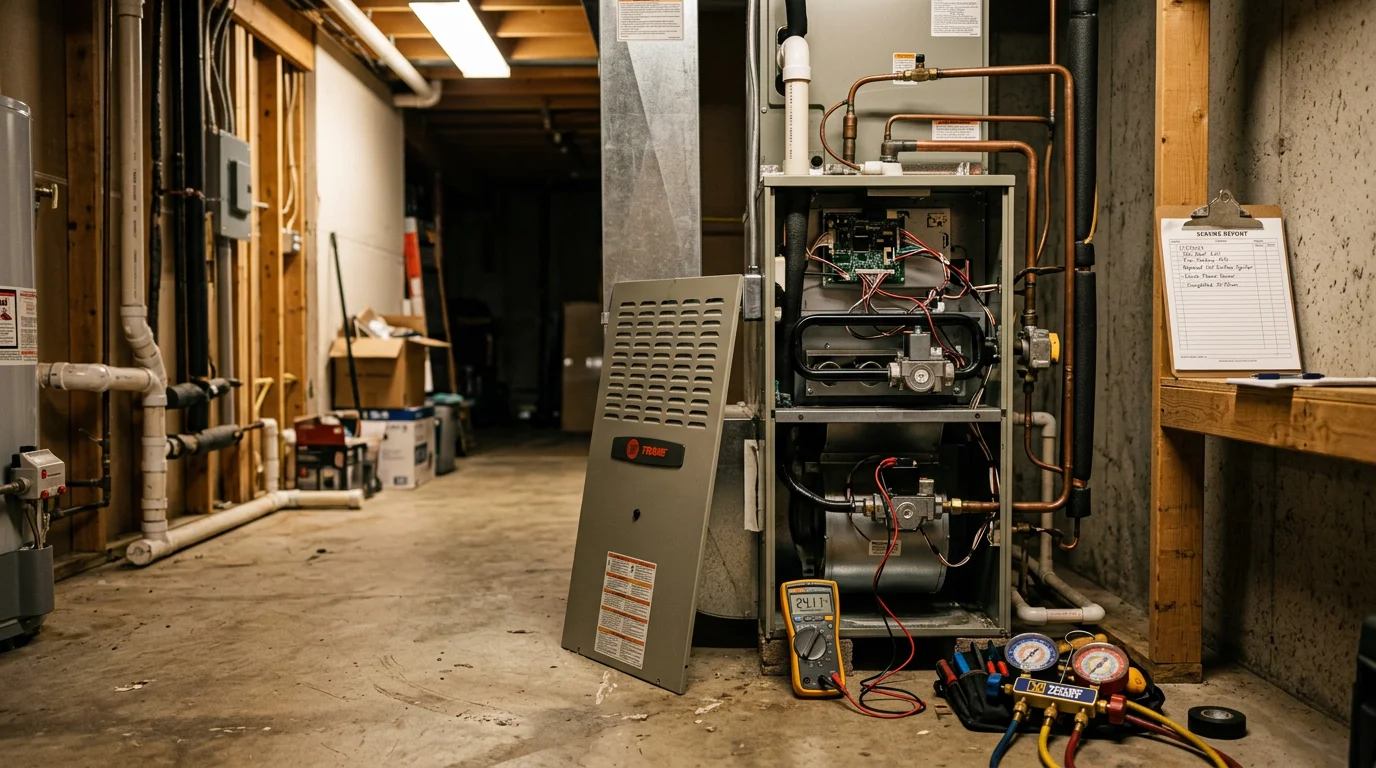 An HVAC technician inspecting a residential heating unit inside a home near Two Harbors, MN during winter. Snow is visible through the window behind the technician as they work on the system.