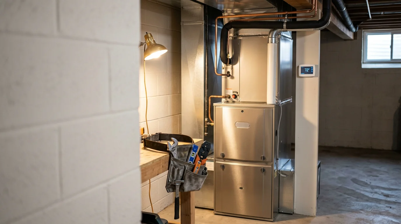 A newly installed furnace in the utility room of a North Shore Minnesota home, with clean ductwork connections and a modern thermostat visible on the wall. The setting reflects a typical residential heating setup in the Two Harbors, MN area.