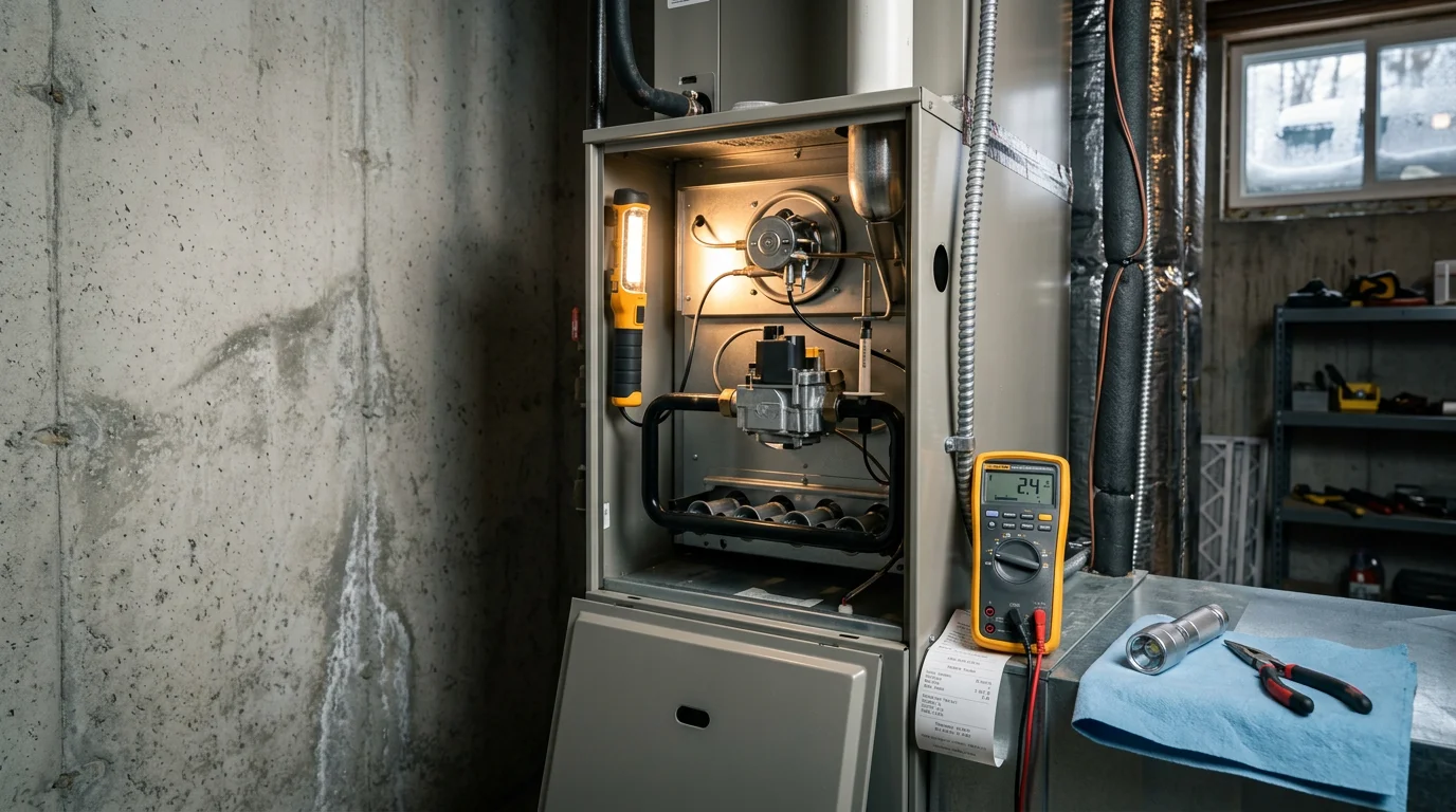 An HVAC technician inspecting the interior components of a residential furnace during a repair visit in a Two Harbors, Minnesota home. Snow-covered North Shore landscape is visible through a nearby window.