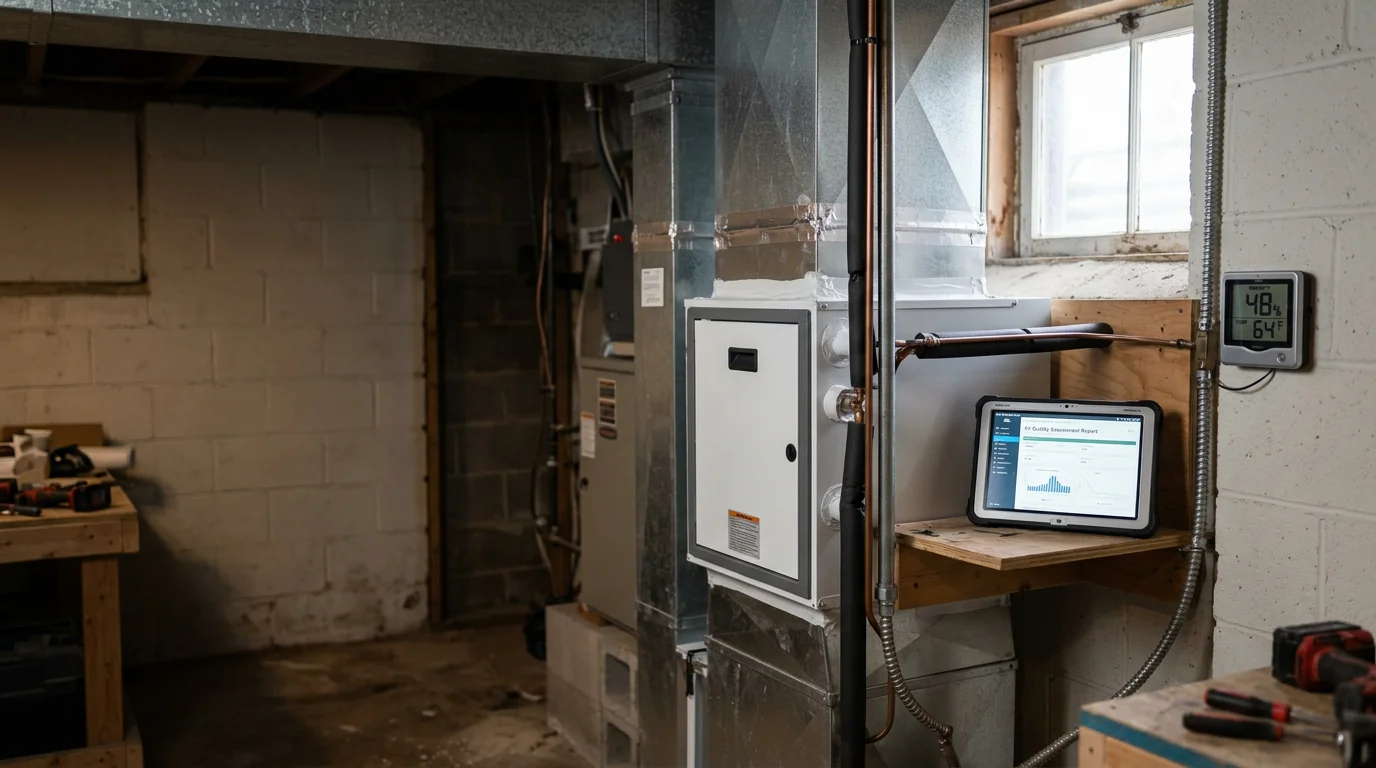 A technician from Quail Heating and Air inspecting an HVAC air filtration system inside a home in Two Harbors, MN, with Lake Superior visible through a nearby window.