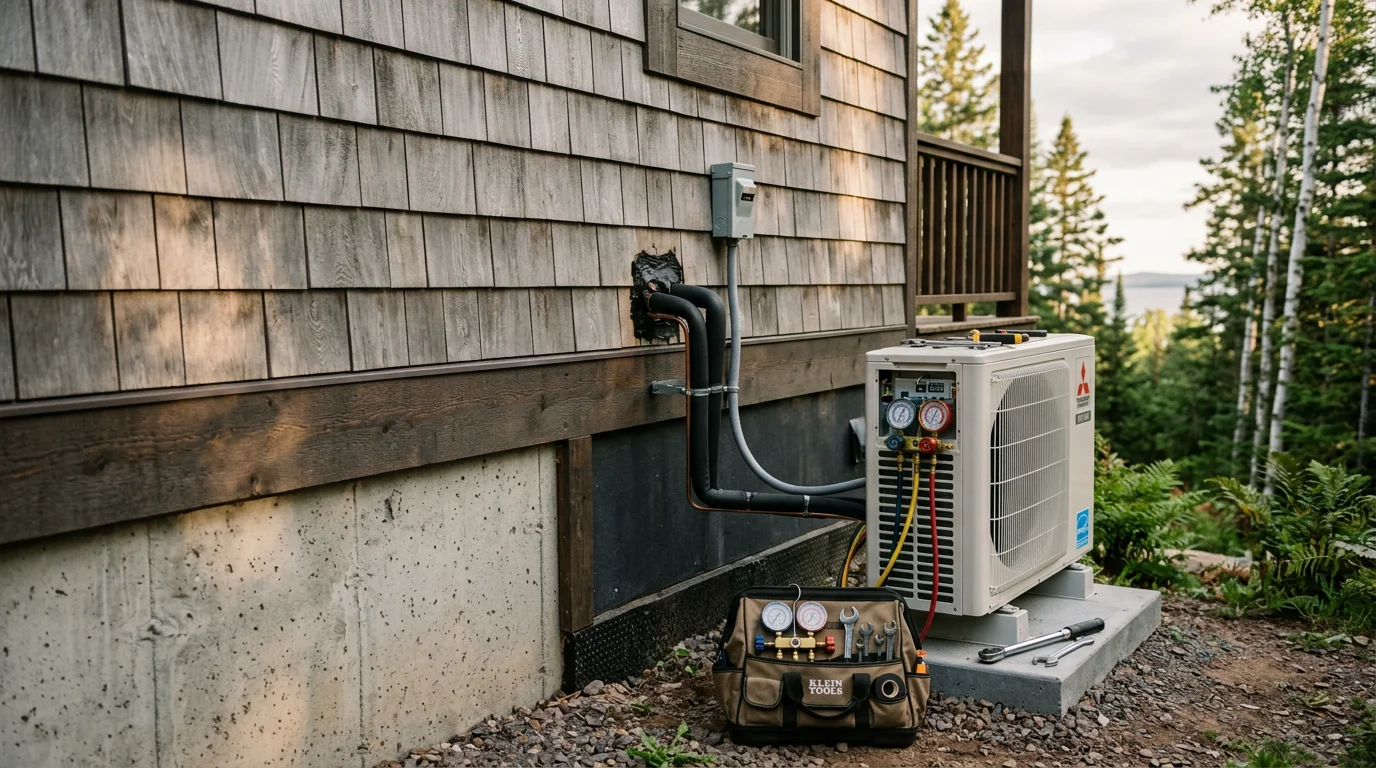 A wall-mounted mini split indoor air handler installed in a wood-paneled living room of a North Shore Minnesota home. The outdoor condenser unit sits on a concrete pad beside the home's exterior with refrigerant lines running neatly along the siding.