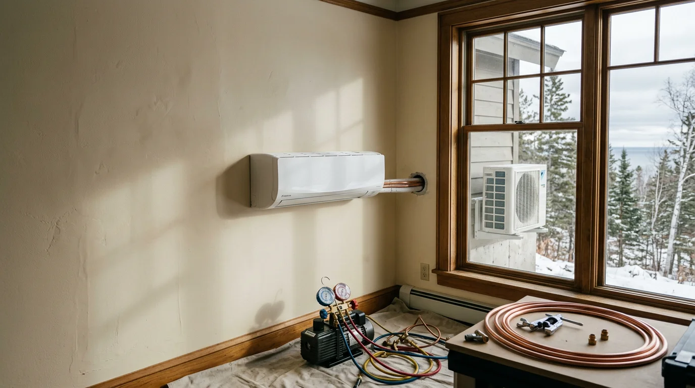 A wall-mounted ductless mini split air handler installed in a wood-paneled room of a North Shore Minnesota home near Two Harbors. The outdoor compressor unit sits on a snow-cleared pad beside the exterior wall.