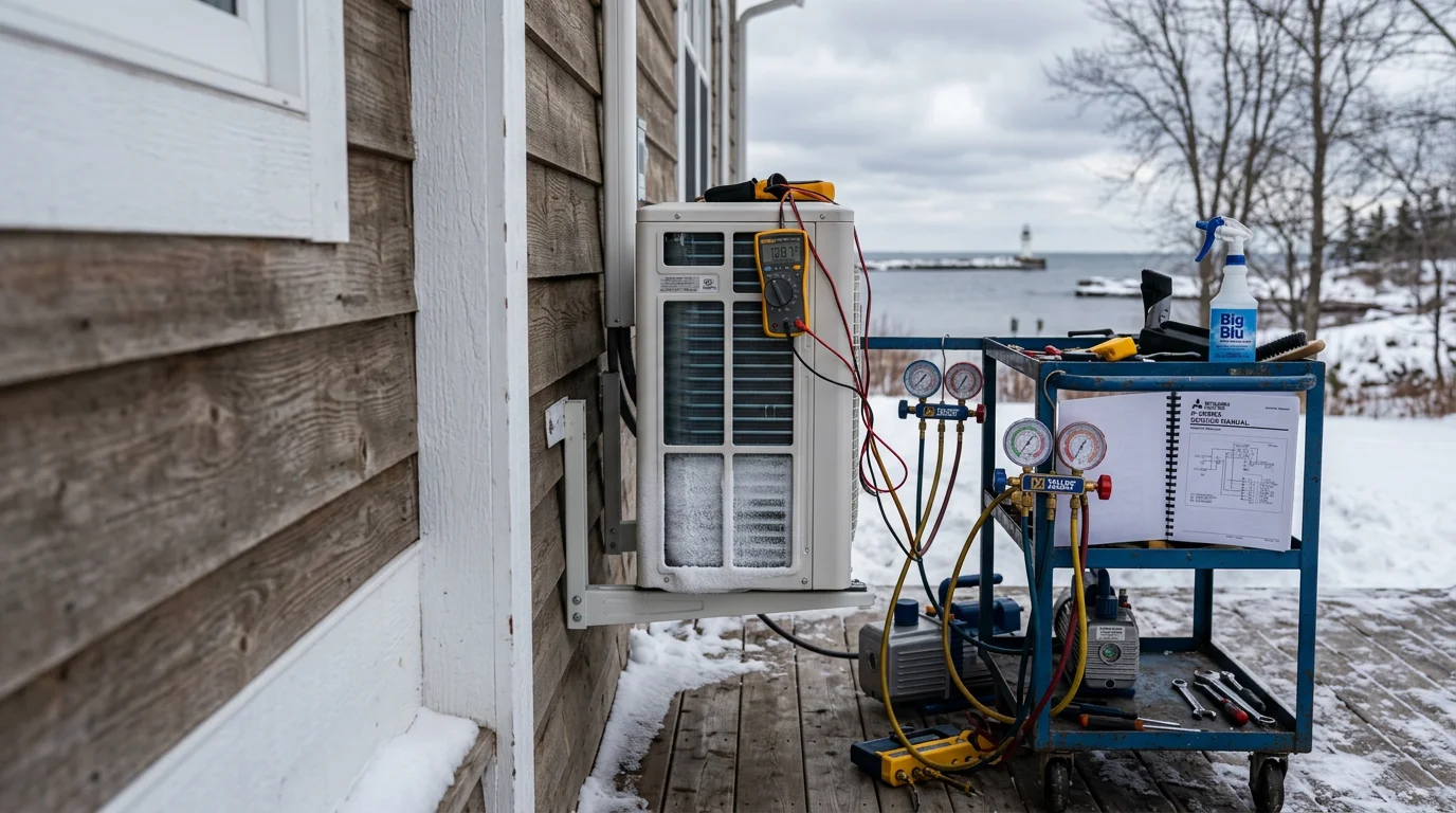 A technician inspecting a mini split outdoor unit in a snowy North Shore Minnesota yard near Two Harbors. The unit shows frost buildup on the coils, with Lake Superior visible in the background.