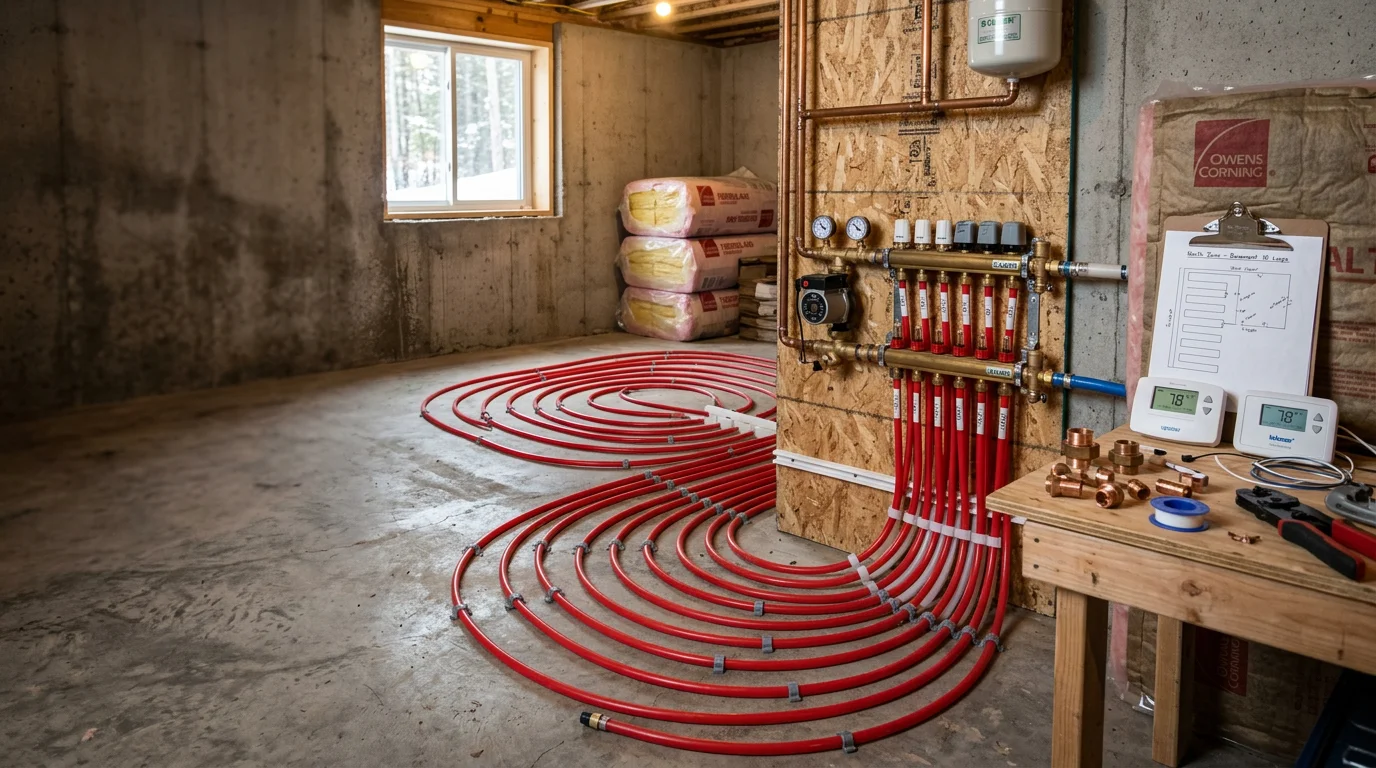 Radiant heating tubing laid in a grid pattern beneath a floor during installation in a residential home on Minnesota's North Shore. A heating contractor prepares the subfloor layer before covering in a Two Harbors area new construction project.